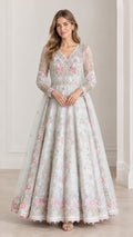 Full front view of model wearing Ice Blue floral embroidered A-line evening gown