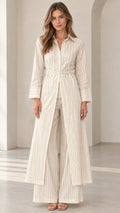 Front full view of woman wearing Cream pinstripe longline tunic and wide-leg pant set