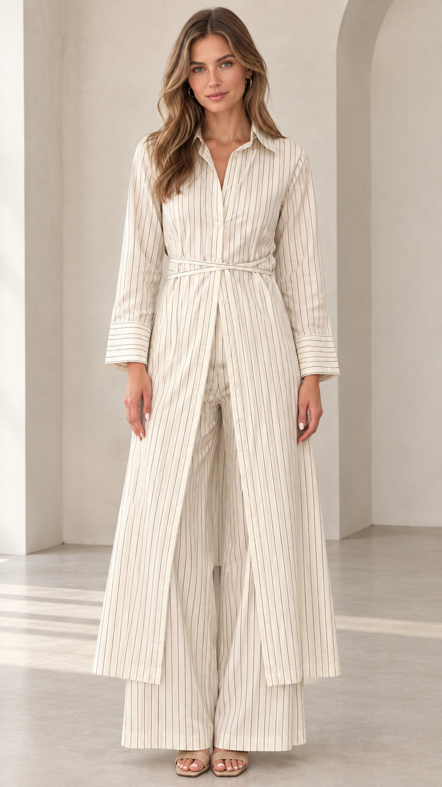 Front full view of woman wearing Cream pinstripe longline tunic and wide-leg pant set