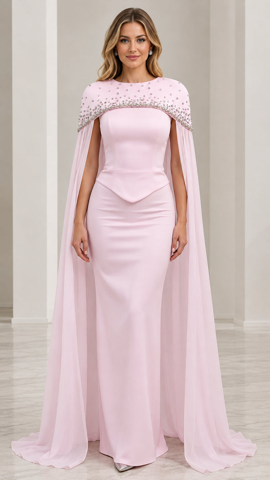 Front view of model wearing blush pink rhinestone capelet mermaid evening gown