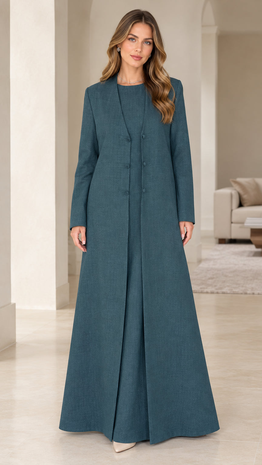 Full front view of elegant teal two-piece maxi dress and longline duster coat set