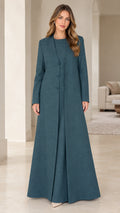 Full front view of elegant teal two-piece maxi dress and longline duster coat set