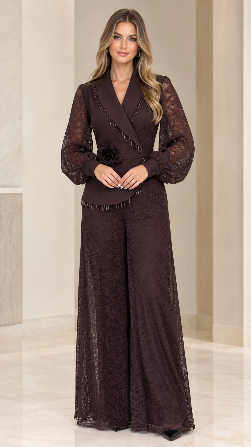 Full front view of elegant Chocolate Brown lace wide-leg evening jumpsuit with beaded wrap bodice