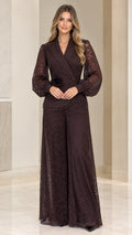 Full front view of elegant Chocolate Brown lace wide-leg evening jumpsuit with beaded wrap bodice