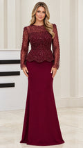 Burgundy beaded long sleeve peplum evening gown front view