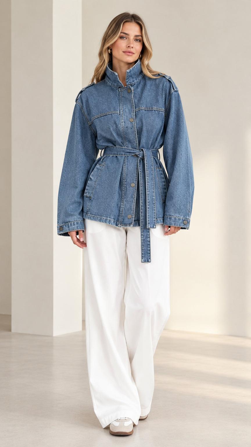 Front full-length view of model wearing denim blue belted utility jacket with white wide-leg pants