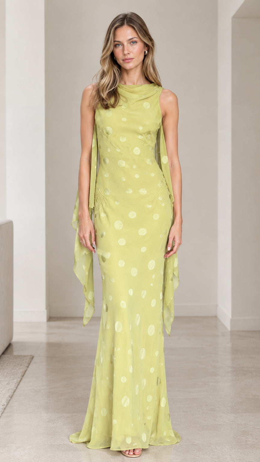 Chartreuse polka dot cowl neck sleeveless evening maxi dress front view