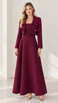 Burgundy tweed two-piece maxi dress set with cropped jacket front view