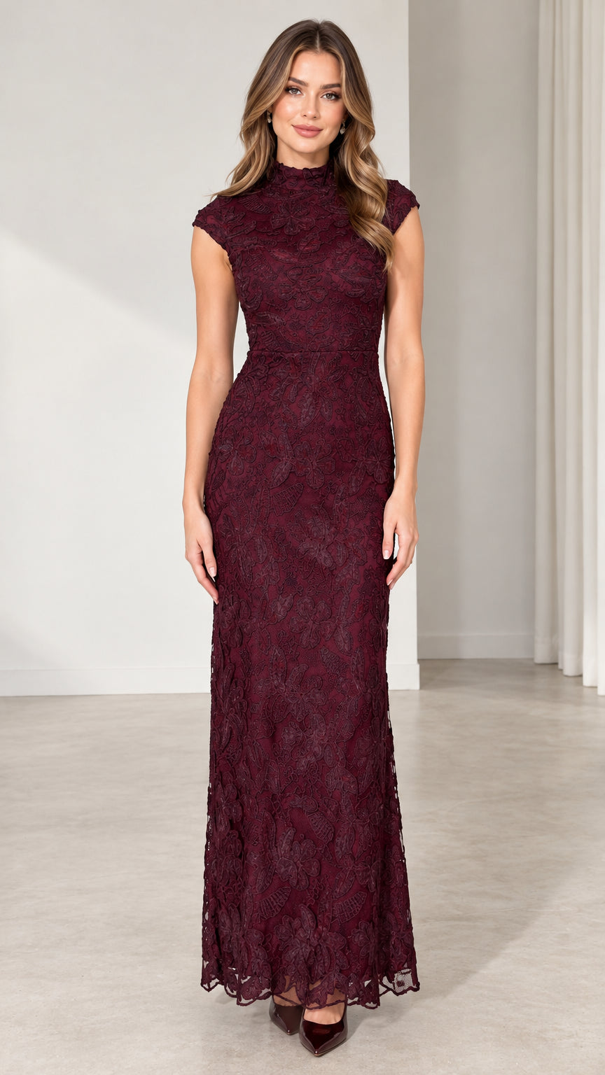 Front view of model wearing Burgundy high-neck floral lace maxi evening dress