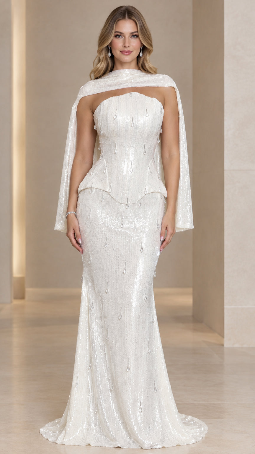 White strapless sequin mermaid evening gown with matching shoulder cape front view