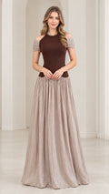 Front view of woman wearing chocolate brown and taupe cold shoulder beaded pleated maxi dress