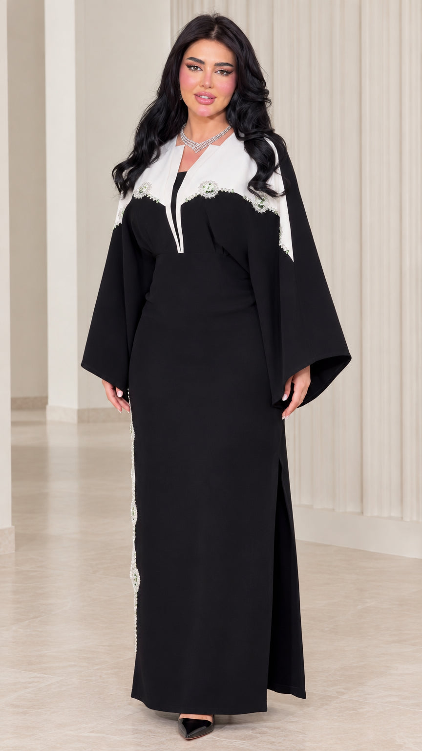 Black contrast embellished bell sleeve maxi dress front view