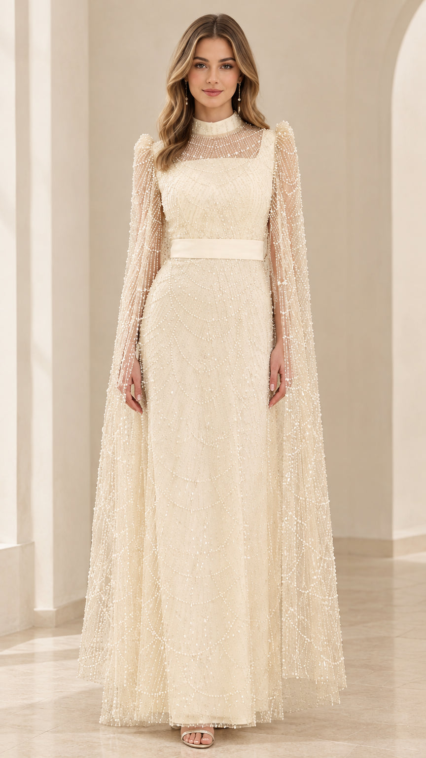 Full front view of champagne beaded high-neck cape evening gown