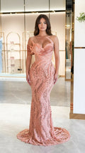Front full view of dusty rose sequin corset mermaid evening gown