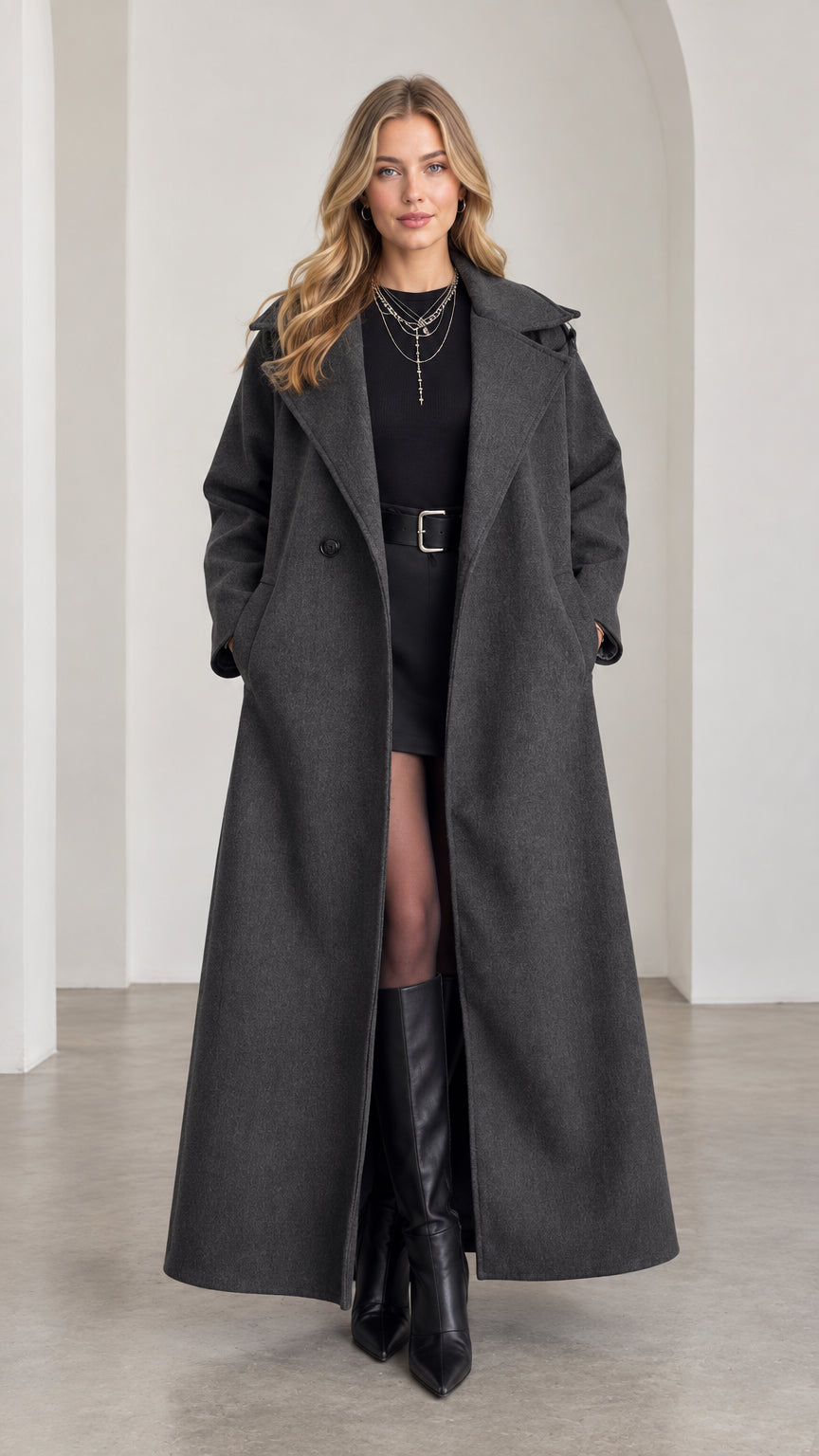 Front view of model wearing full-length Charcoal Grey maxi belted overcoat
