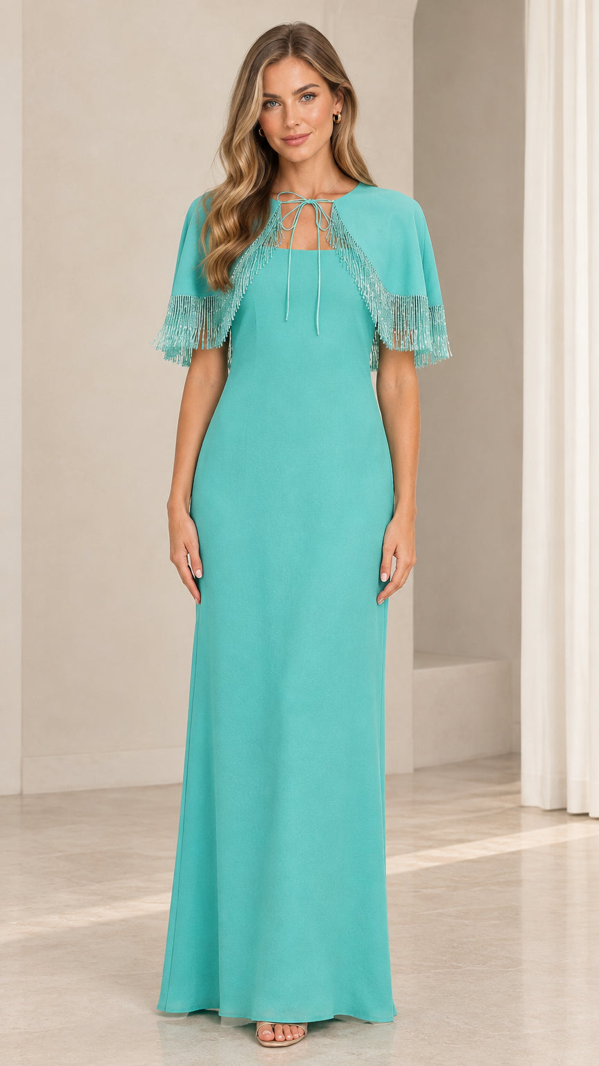Front full-length view of turquoise capelet evening maxi dress with beaded fringe