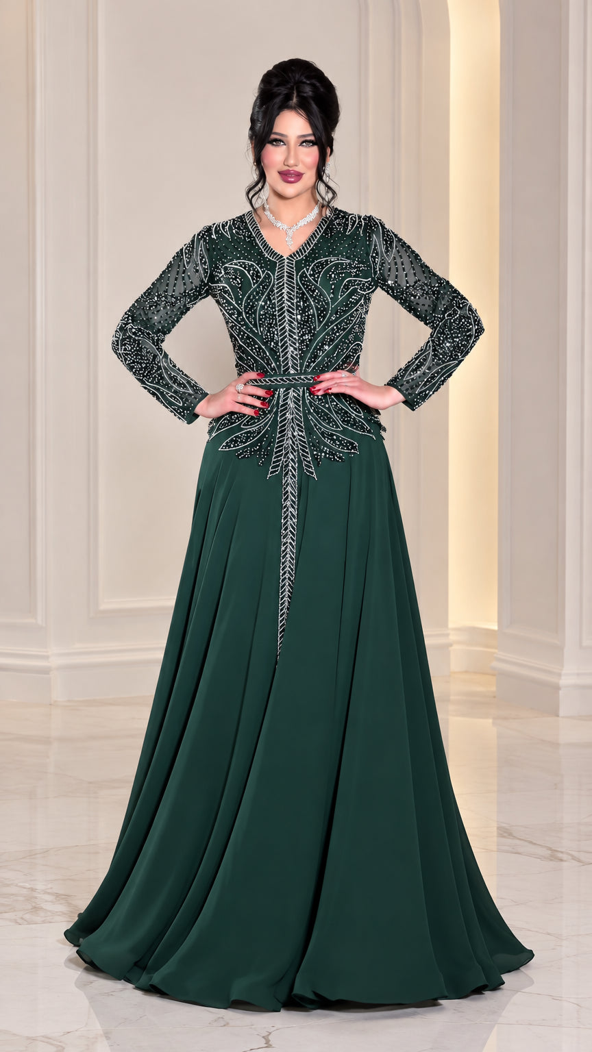 Emerald green long sleeve embellished evening gown front view