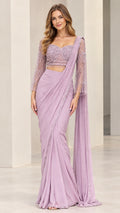 Model wearing a lavender pre-draped saree set with beaded long-sleeve blouse - front view