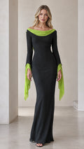 Front full-length view of the black contrast cowl neck maxi dress