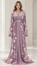 Front view of model wearing dusty mauve 3D floral embroidered caftan evening dress with matching belt