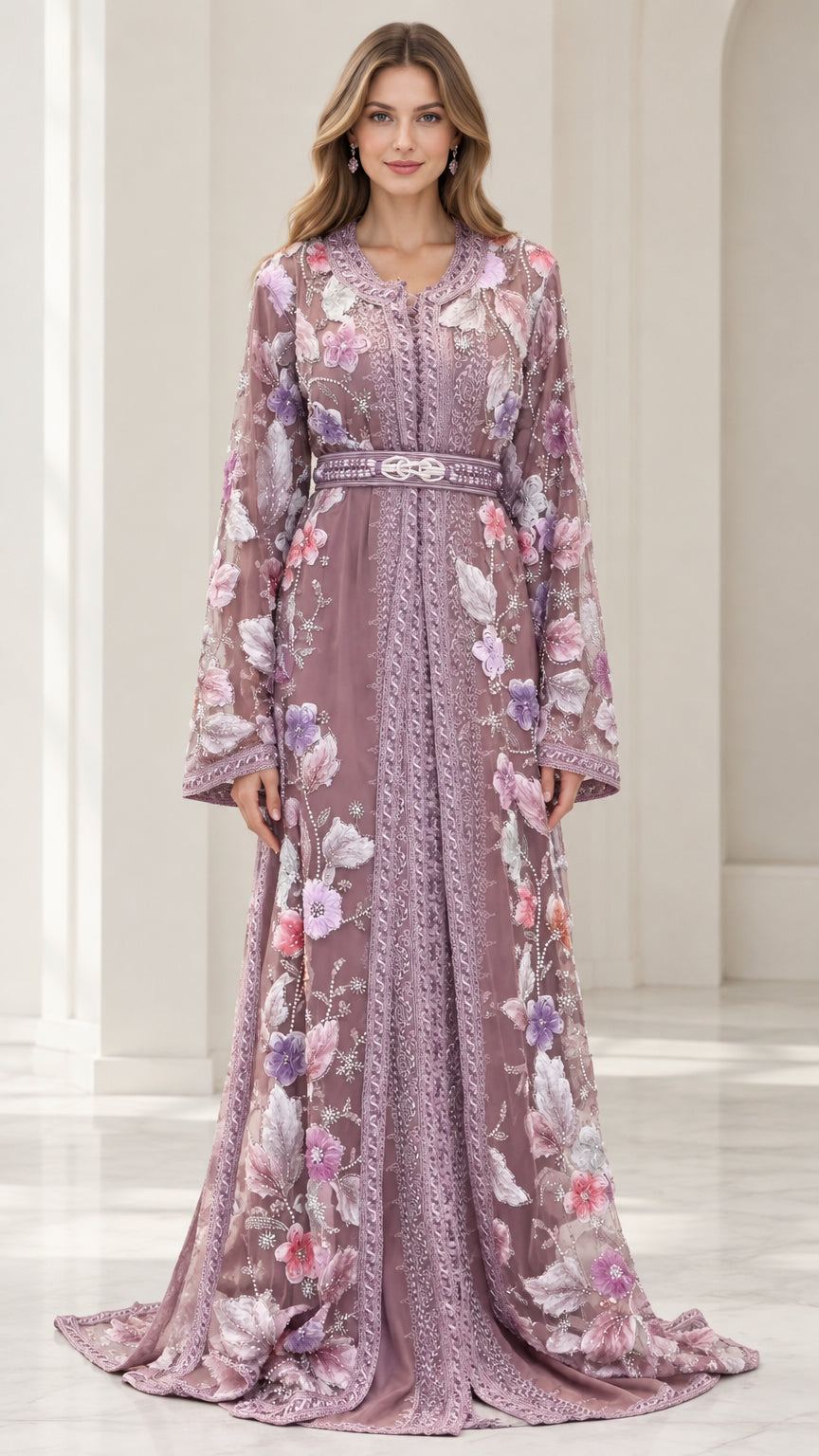 Front view of model wearing dusty mauve 3D floral embroidered caftan evening dress with matching belt