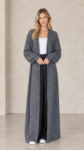 Front full-length view of model wearing charcoal grey maxi duster cardigan