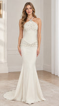 Full front view of model in ivory halter beaded mermaid evening gown