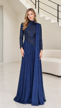 Front full-length view of navy blue long sleeve beaded evening maxi gown with pleated skirt and shoulder drape