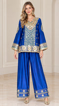 Front view of royal blue embroidered tunic top and wide-leg pant set