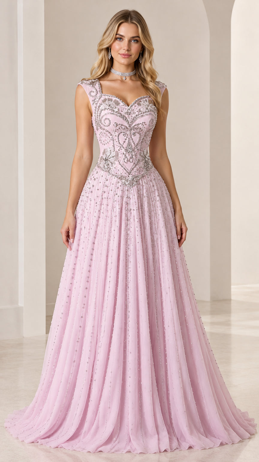 Front full-length view of woman wearing blush pink beaded A-line evening gown