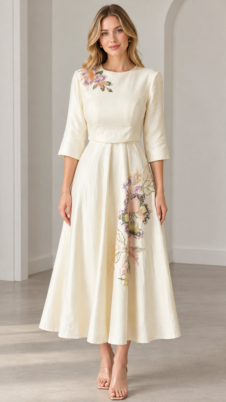 Front view of woman wearing Cream floral embroidered A-line midi dress with 3/4 sleeves