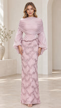 Front view of model wearing dusty pink draped bishop sleeve beaded column evening gown