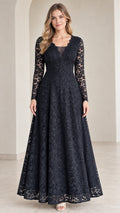 Front view of model wearing Navy Blue long sleeve lace maxi dress with scalloped V-neck
