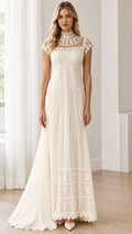 Front view of Ivory vintage-style high neck lace maxi dress on model