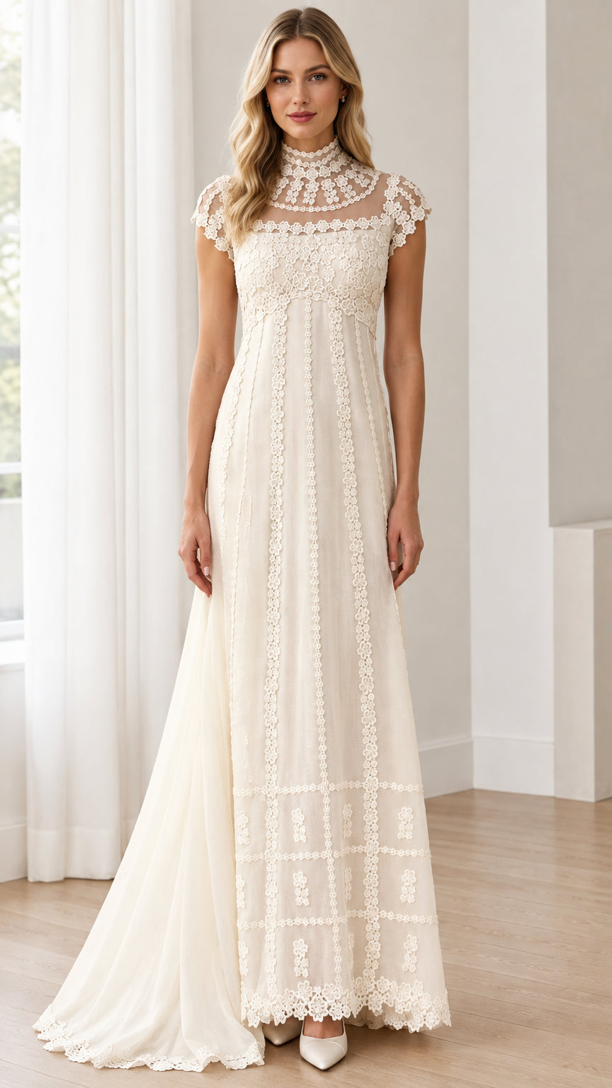 Front view of Ivory vintage-style high neck lace maxi dress on model