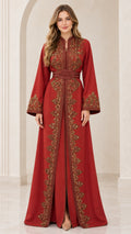 Model wearing Rust Red embroidered Moroccan kaftan maxi dress with belt, front view