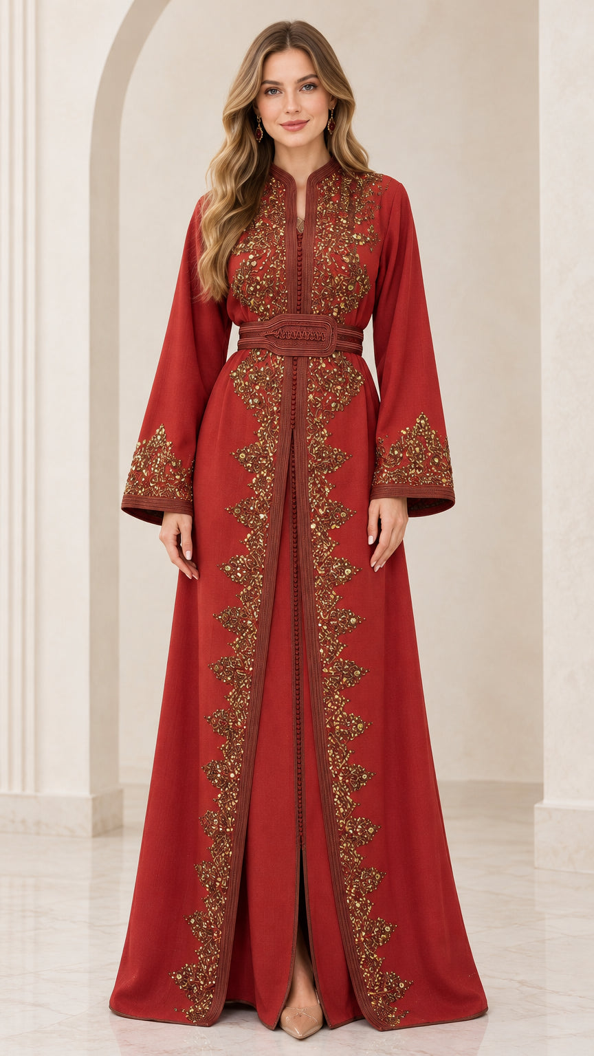Model wearing Rust Red embroidered Moroccan kaftan maxi dress with belt, front view