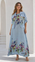 Full front view of women's sky blue floral maxi dress with matching cropped jacket