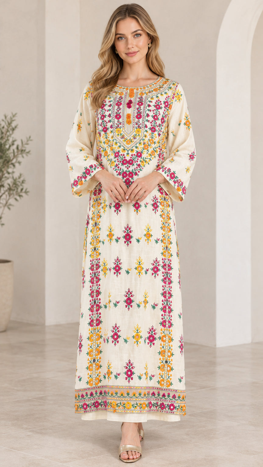 Front view of model wearing ivory floral embroidered maxi kaftan dress