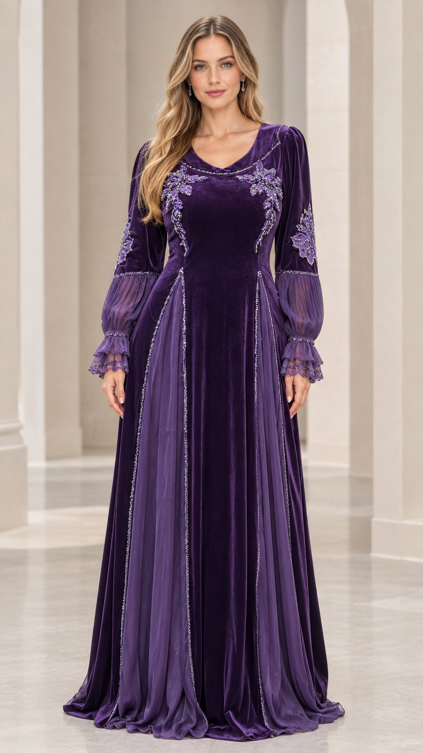 Front view of model wearing Deep Purple embroidered velvet maxi dress with chiffon sleeves