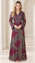 Front full-length view of woman wearing deep burgundy embellished long sleeve maxi dress