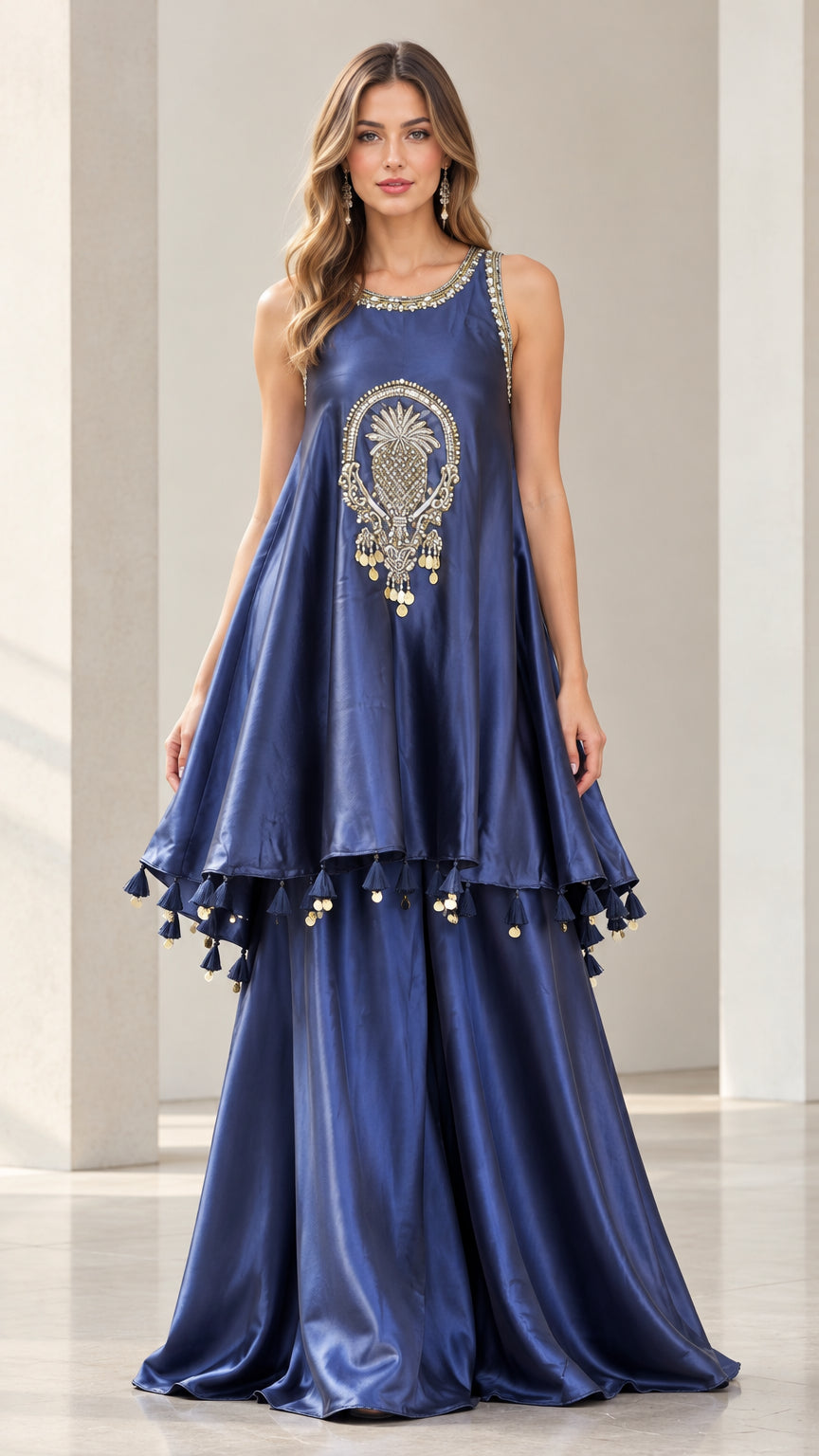 Front full-length view of woman wearing Navy Blue embroidered sleeveless tunic top and wide-leg pants set