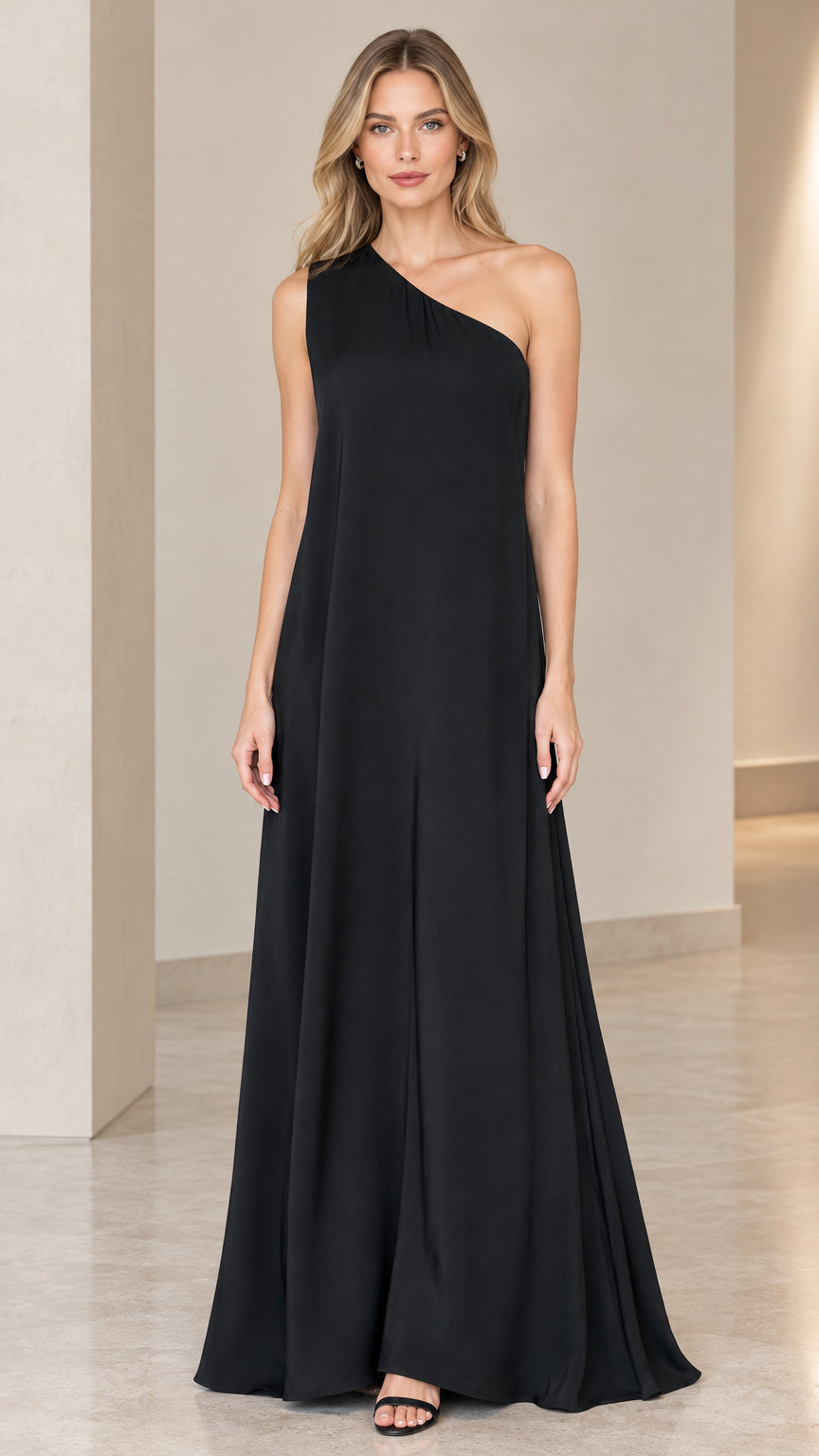 Front view of model wearing black one-shoulder sleeveless maxi dress