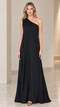 Front view of model wearing black one-shoulder sleeveless maxi dress