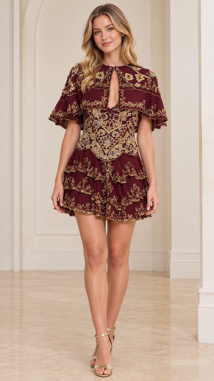 Burgundy embroidered mini dress with capelet sleeves front view