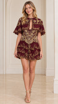 Burgundy embroidered mini dress with capelet sleeves front view