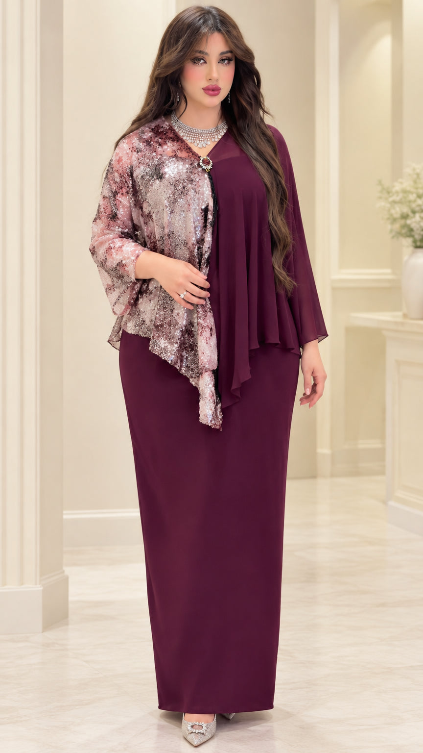 Front view of burgundy asymmetrical capelet maxi dress with sequin details
