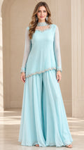 Sky Blue embellished illusion neck chiffon tunic and wide-leg pant set front view