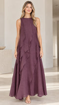 Front view of woman wearing Plum sleeveless cascading ruffle maxi dress