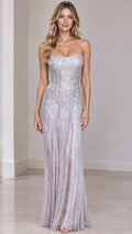 Silver strapless beaded fringe maxi evening gown front view